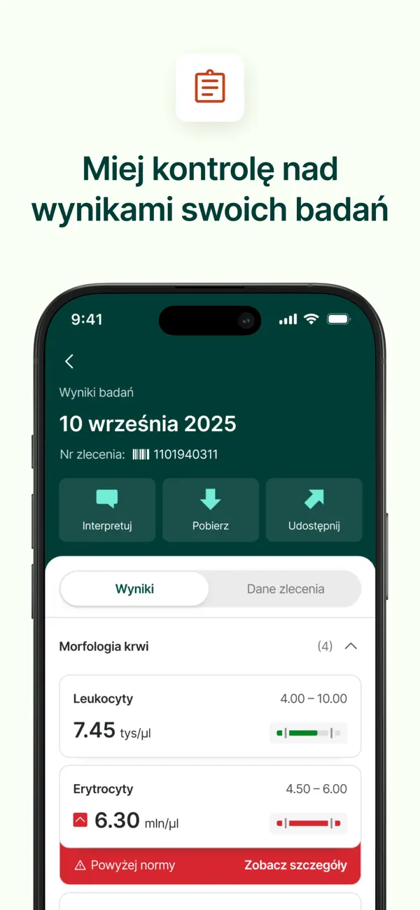 Ekran aplikacji Diagnostyka: kontrola wyników badań