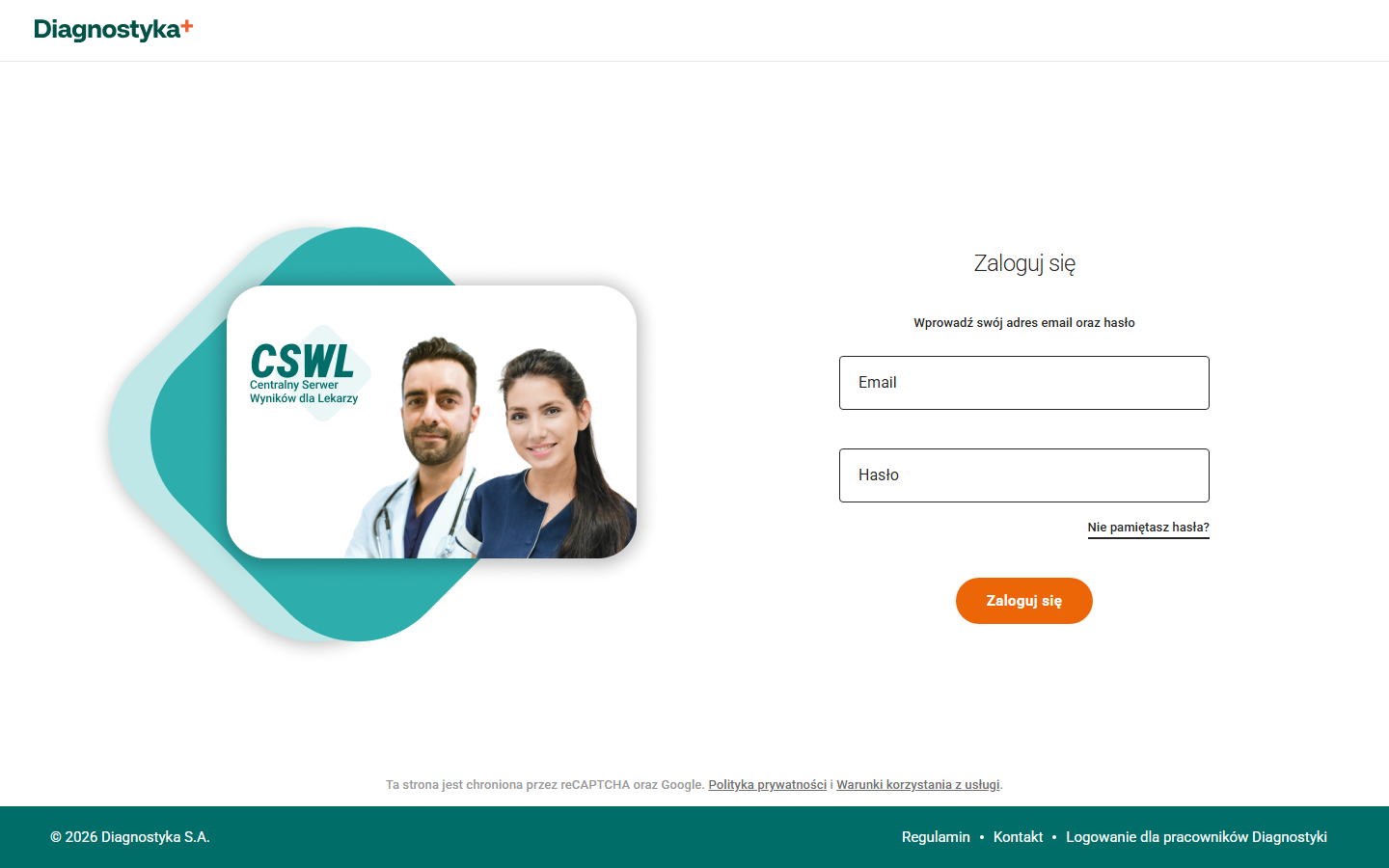 Ekran logowania do Centralnego Serwera Wyników dla Lekarzy